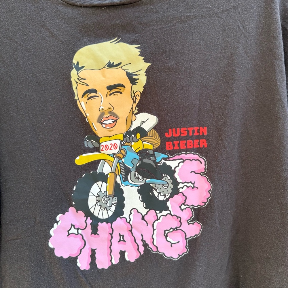 H&M Black Justin Bieber Graphic Tee with Pink and Yellow Accents Size Medium - Picture 2 of 5